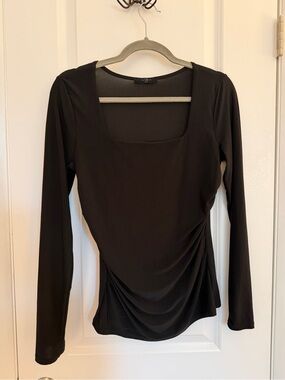 Classic Black Long-Sleeve Square Neck Draped Tee
